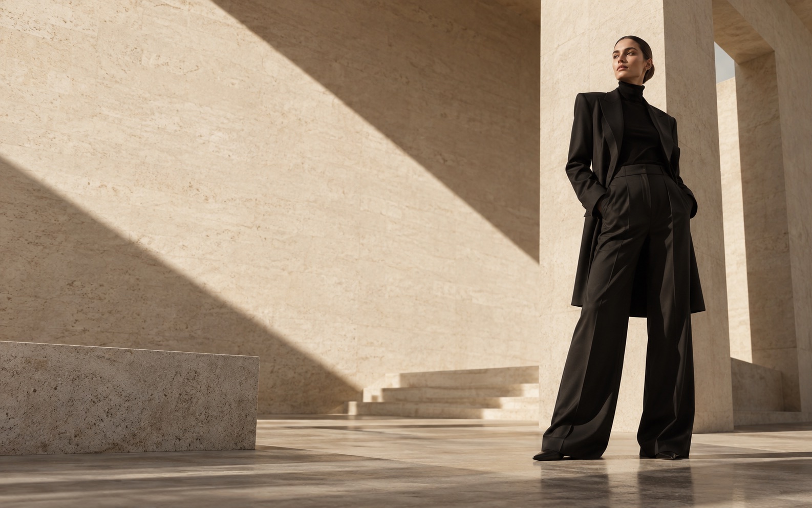 Fashion model in black tailoring in a sunlit architectural space