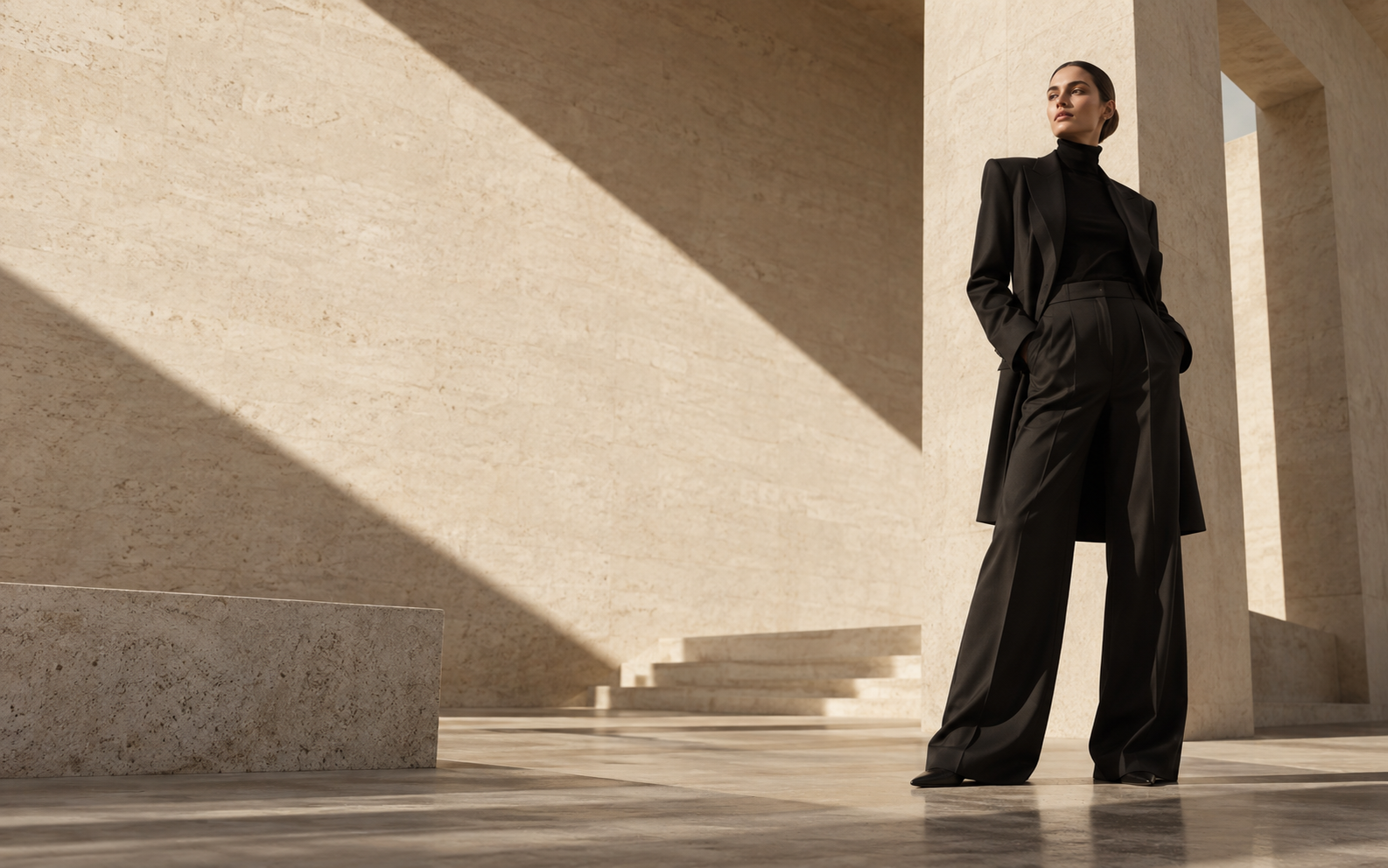 Fashion model in black tailoring in a sunlit architectural space