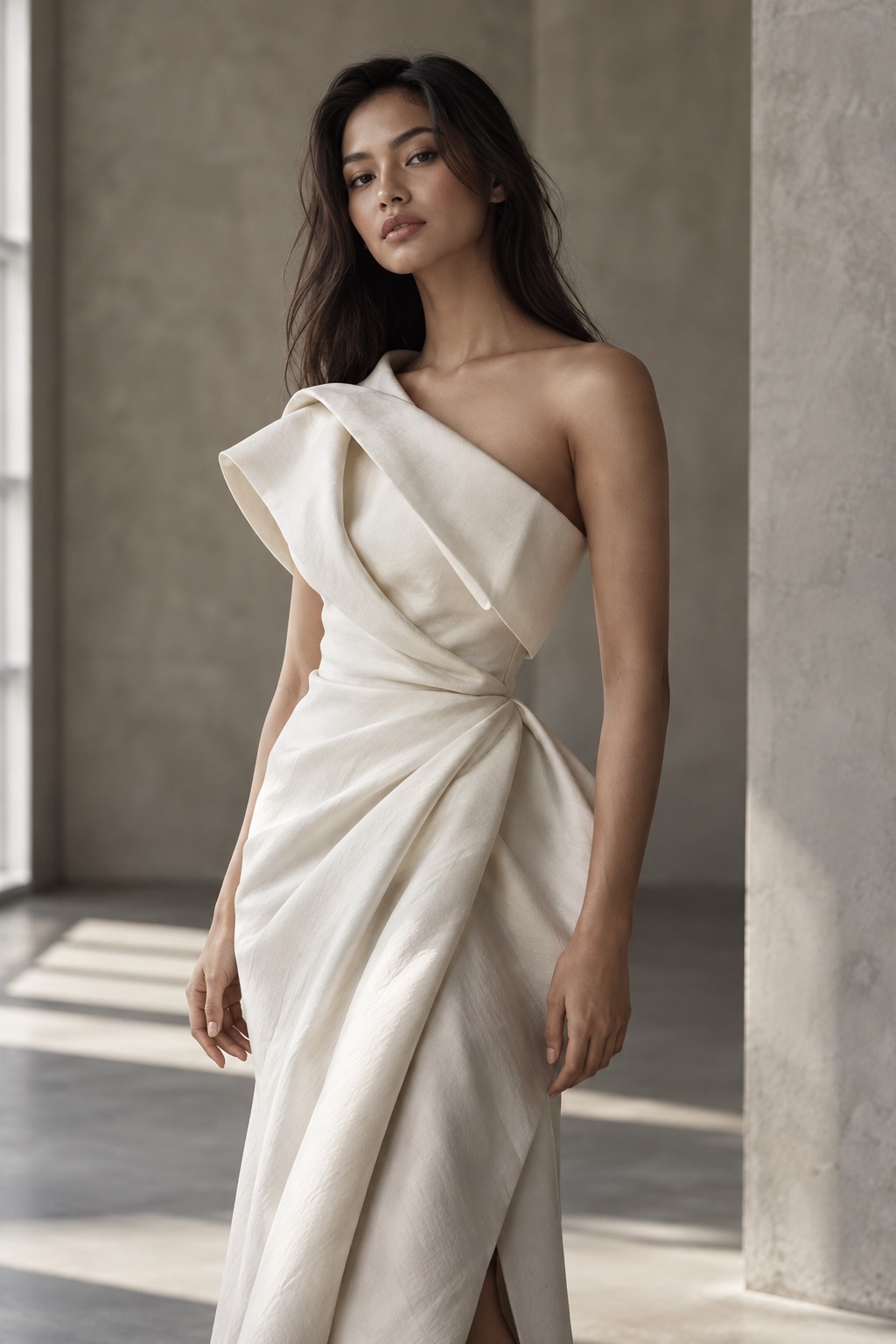 Amara in an ivory sculptural dress