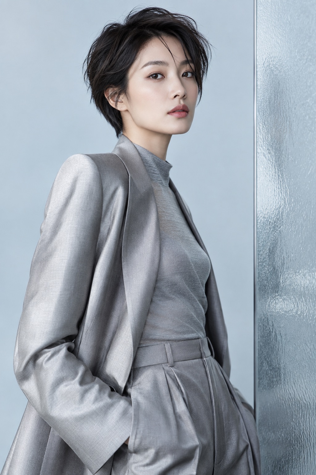 Elena in silver tailoring